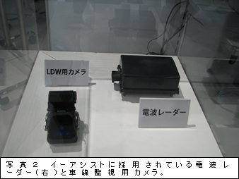 写真2　イーアシストに採用されている電波レーダー（右）と車線監視用カメラ。